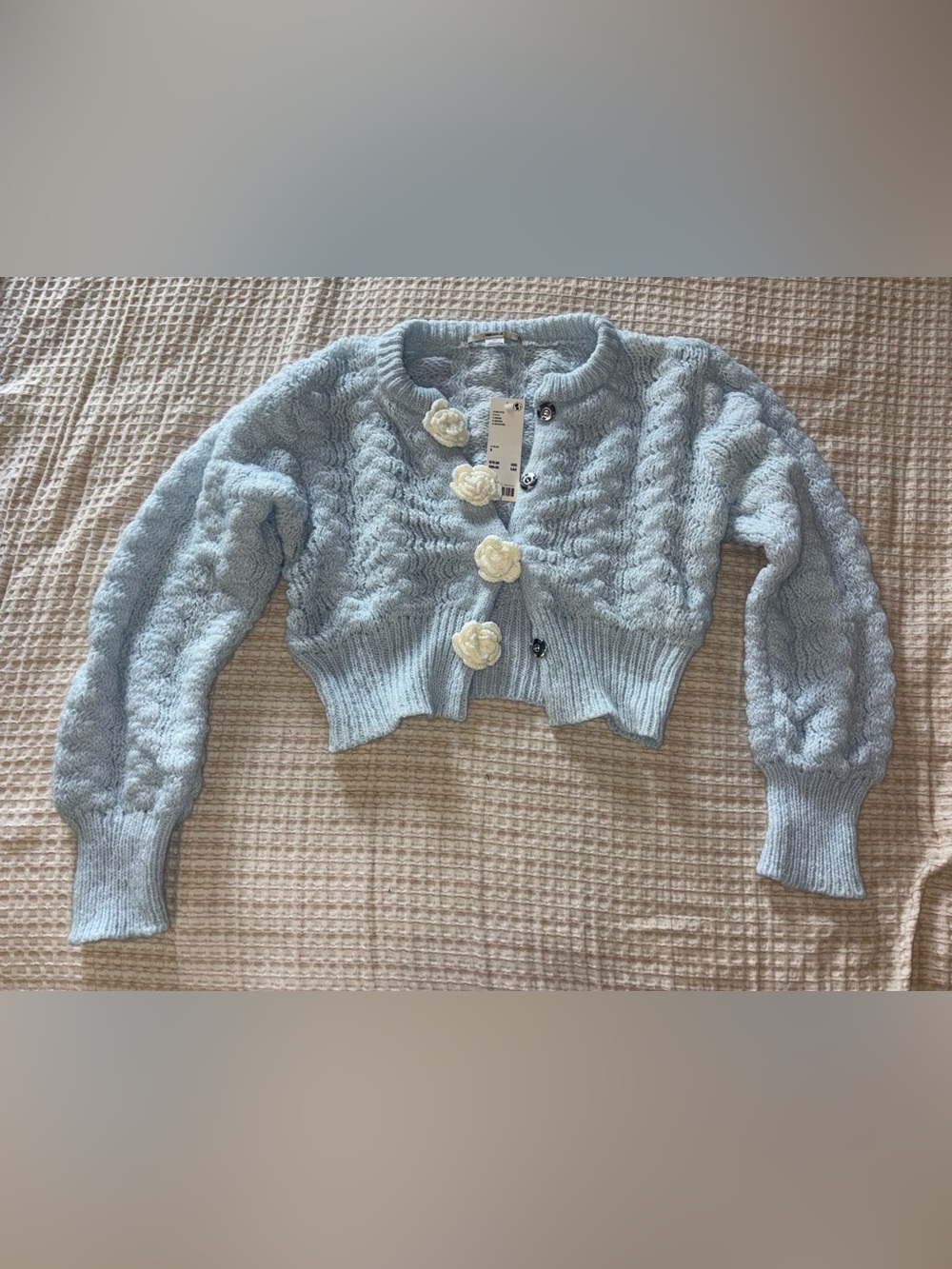 Kimchi Blue Pale Blue Cable Knit Cropped Cardigan with Cream Flower Buttons